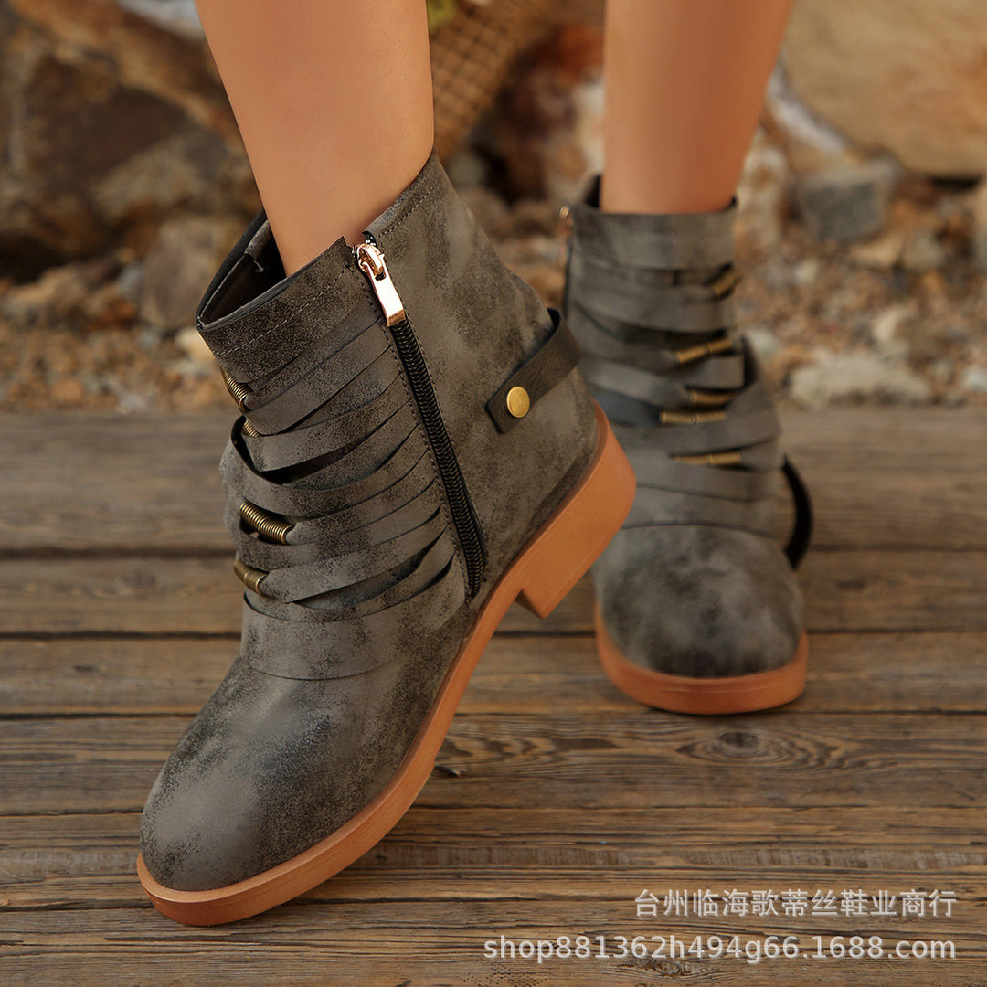 Women Fringe Ankle Boots with Layered Straps and Side Zipper Mune Fashion