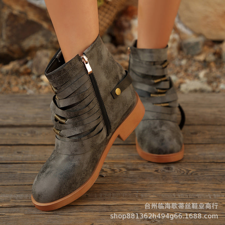 Women Fringe Ankle Boots with Layered Straps and Side Zipper Mune Fashion