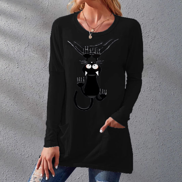 Women’s Longer Cotton Blend Tunic Shirt with Cartoon Cat Print and Side Pockets Mune Fashion