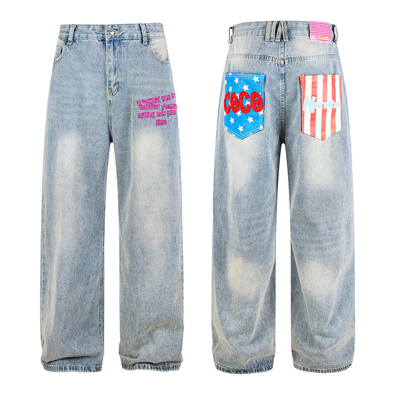 Ladies Wide High-Waist Jeans in Vintage Look with Elastic Hem and Statement Embroidery Mune Fashion