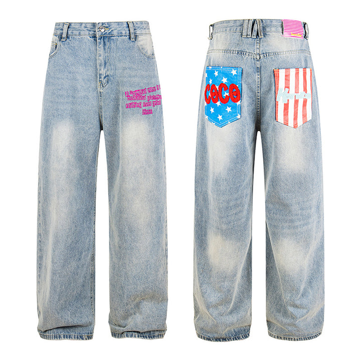 Ladies Wide High-Waist Jeans in Vintage Look with Elastic Hem and Statement Embroidery Mune Fashion