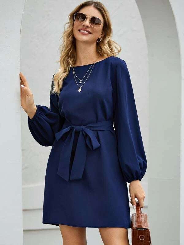 Ladies' elegant sheath dress with balloon sleeves and waist belt Mune Fashion