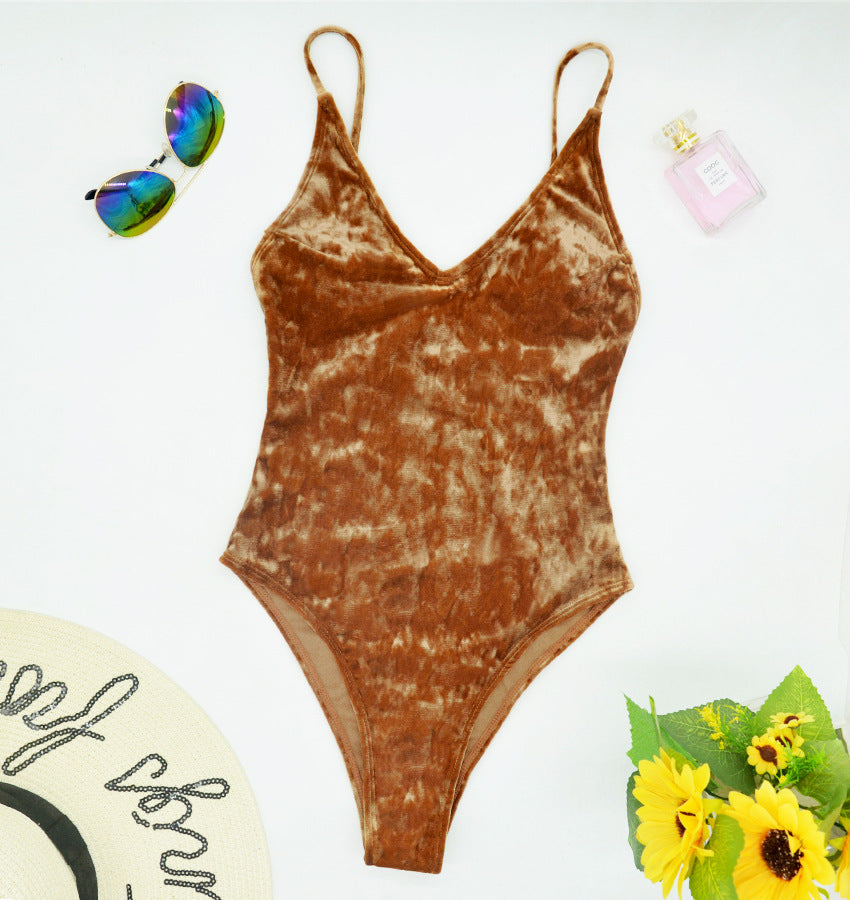 Women's one-piece swimsuit with elegant V-neck and sensual velour Mune Fashion