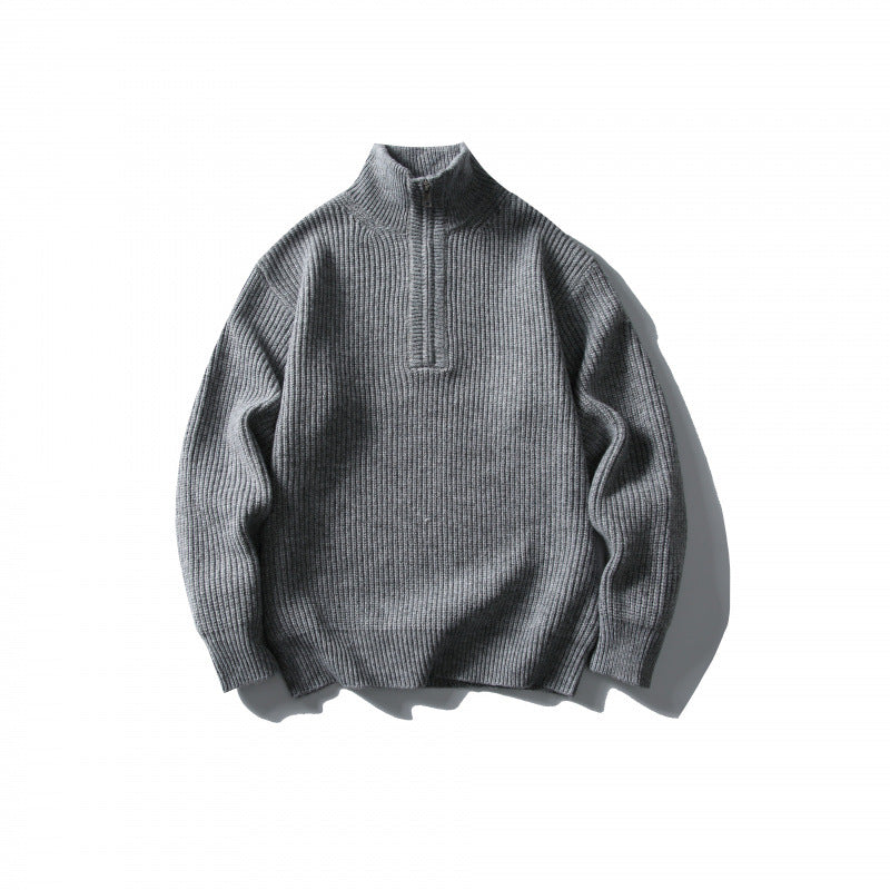 Unisex Structured Half-Zip Knit Sweater with High Stand-Up Collar and Ribbed Rib Knit Mune Fashion