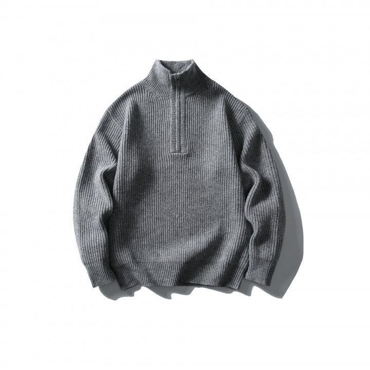 Unisex Structured Half-Zip Knit Sweater with High Stand-Up Collar and Ribbed Rib Knit Mune Fashion