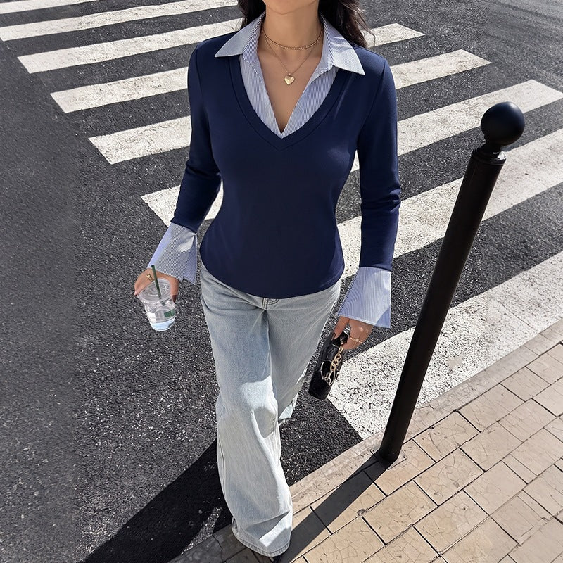 Ladies Elegant Longsleeve Top with Shirt Collar Mune Fashion
