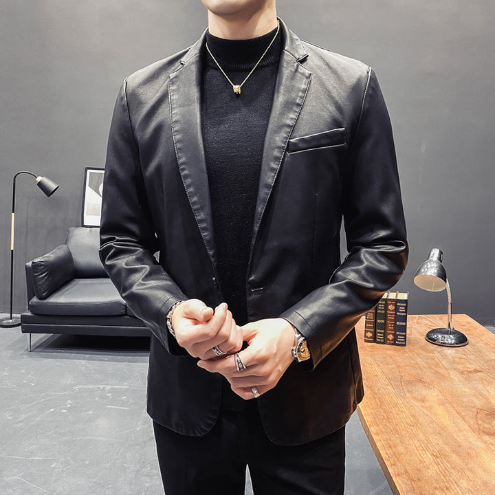 Men's Slim-Fit Leather Blazer with Tailored Silhouette and Classic Lapel Collar Mune Fashion