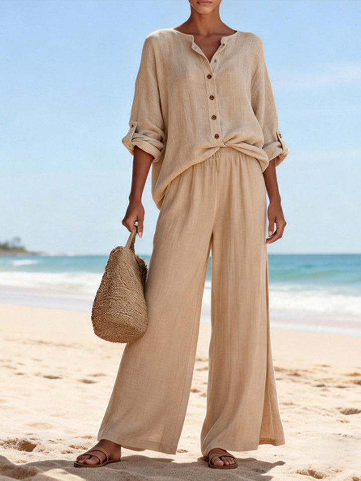 Women's Airy Linen Blouse and Wide Pants Mune Fashion
