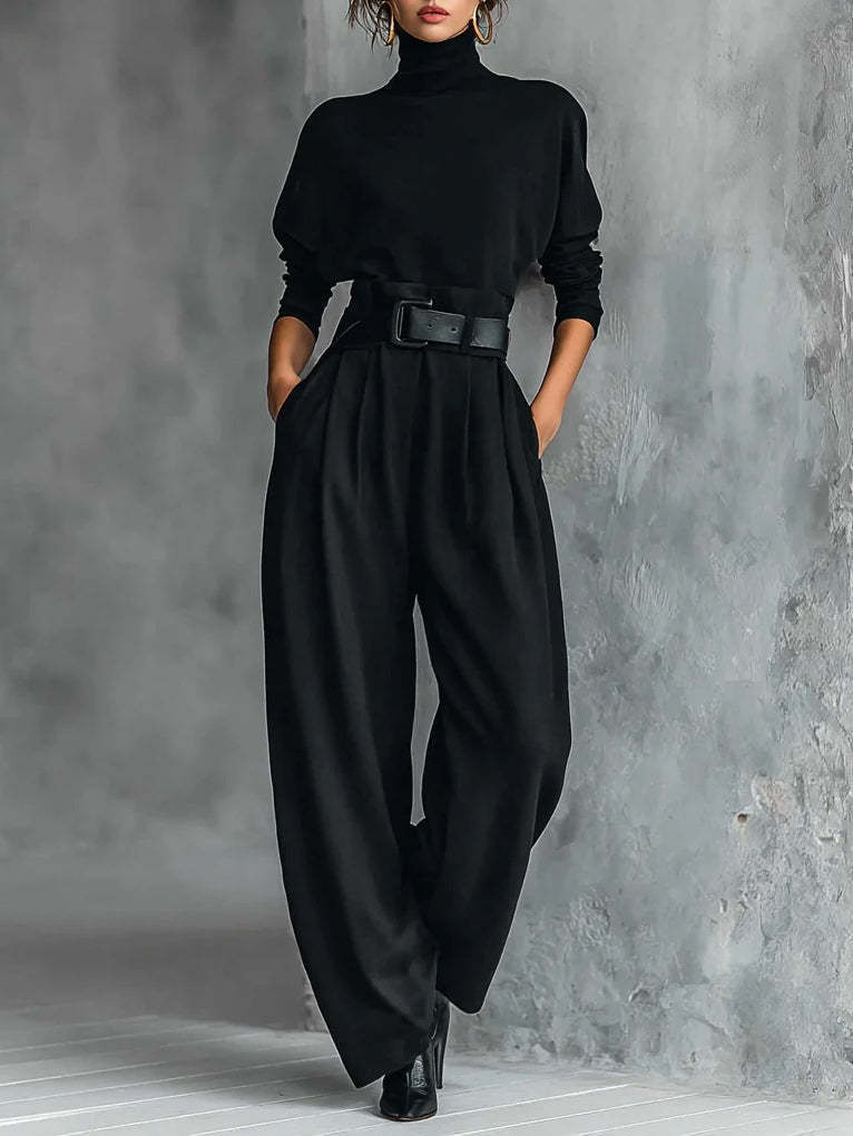 Ladies high-cut elegant pleated trousers with wide leg and roll-neck fine-knit top Mune Fashion