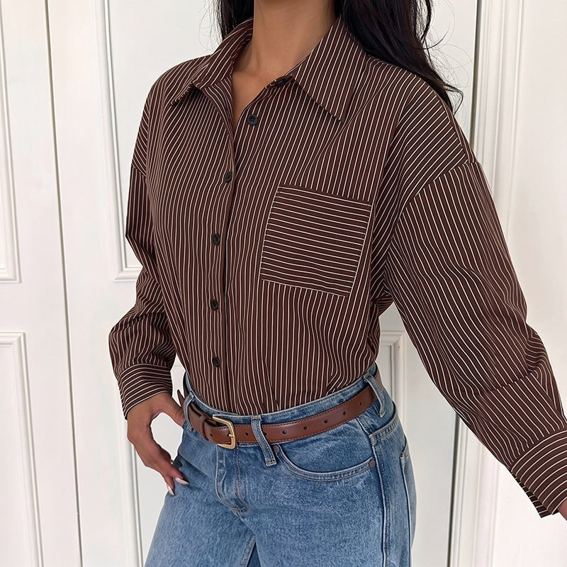 Women's Fashionable Long Sleeve Blouse with Fine Stripes Mune Fashion