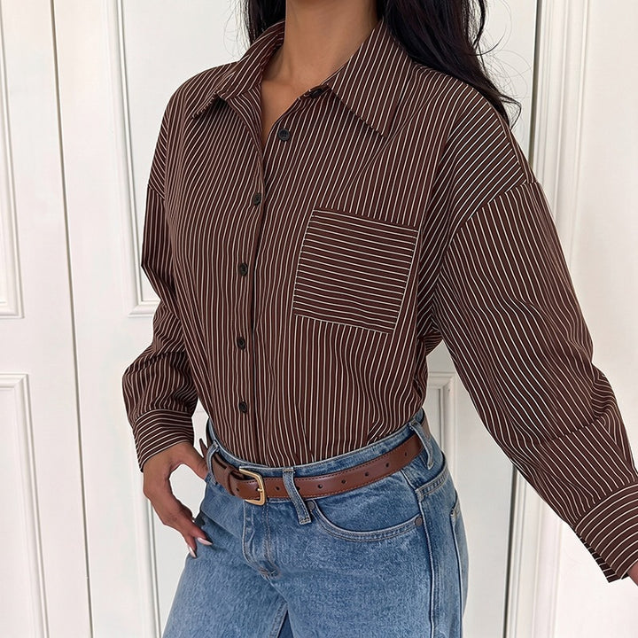Women's Fashionable Long Sleeve Blouse with Fine Stripes Mune Fashion