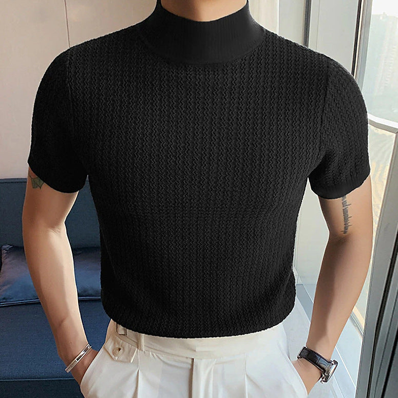 Men's short-sleeve stand-up collar fine knit shirt with fine ribbed structure Mune Fashion