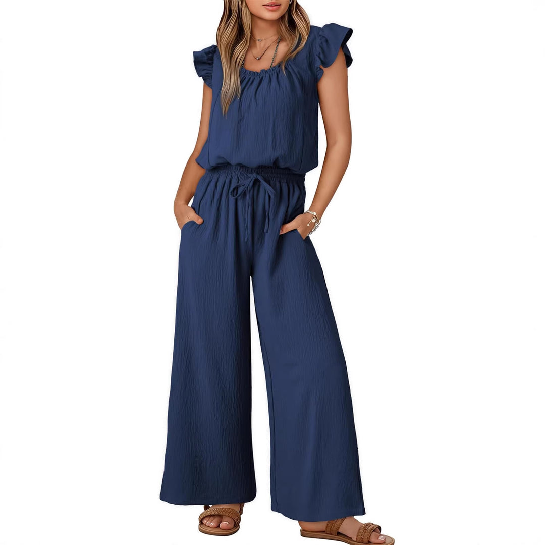 Women's Crinkle Jumpsuit with Wide Leg, Elastic Waistband, and Ruffled Sleeves Mune Fashion