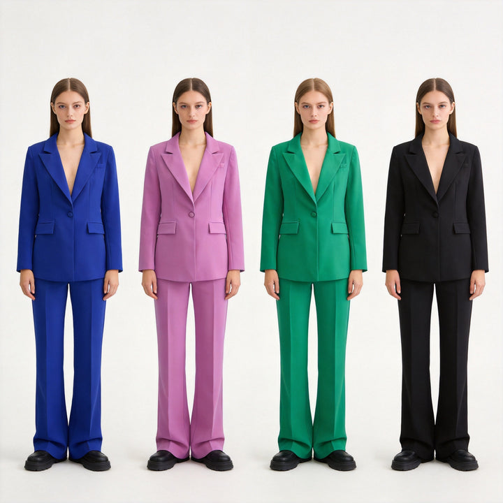 Women's Tailored Two-Piece Blazer with Contoured Waist, Prominent Lapel, and Wide Suit Trousers Mune Fashion
