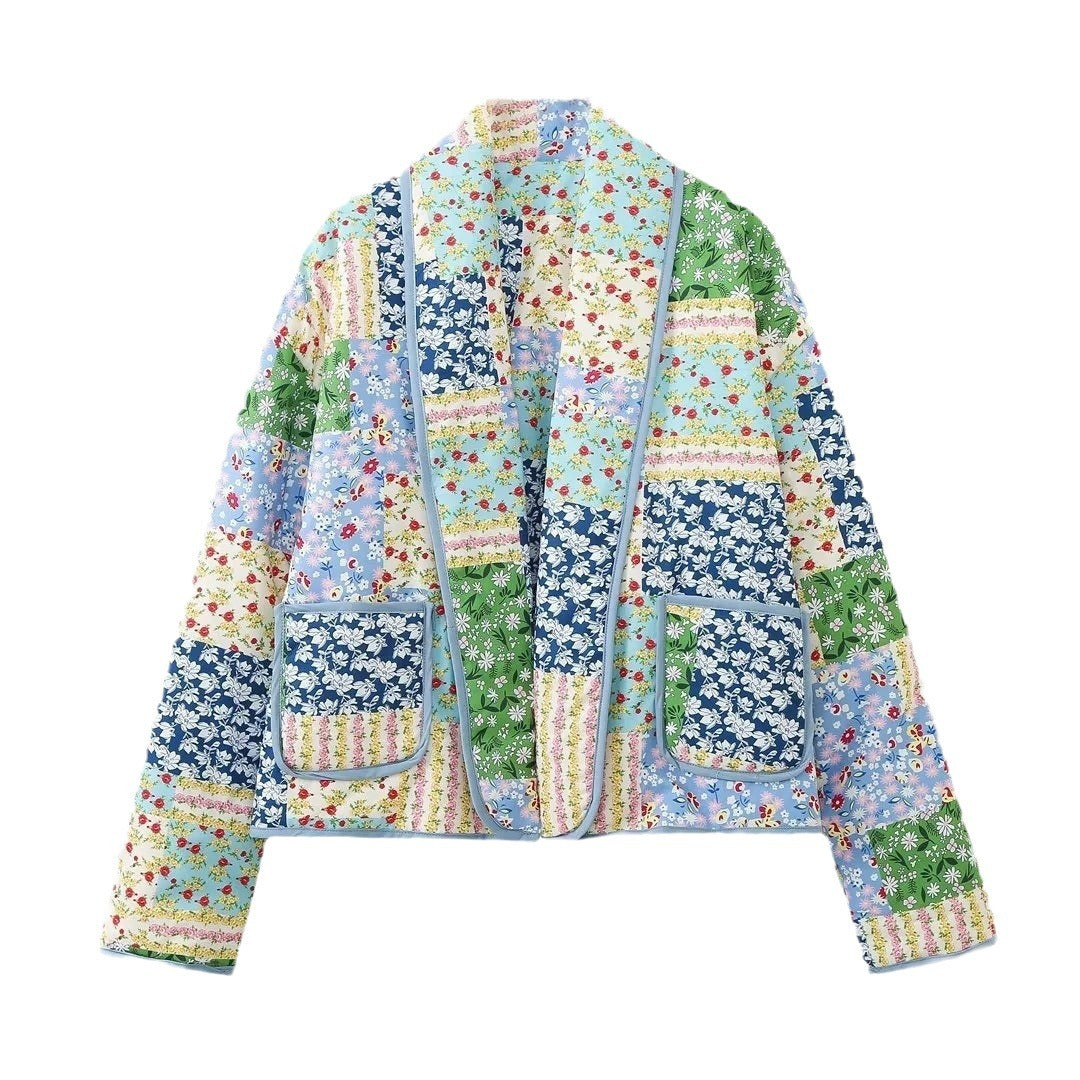 Women's Short Cropped Quilted Patchwork Jacket with Patch Pockets Mune Fashion