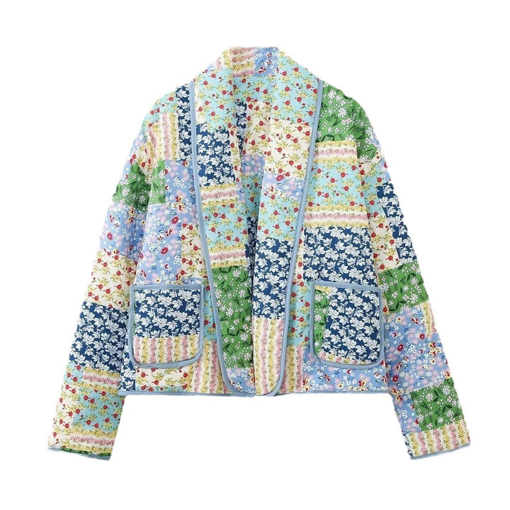Women's Short Cropped Quilted Patchwork Jacket with Patch Pockets Mune Fashion