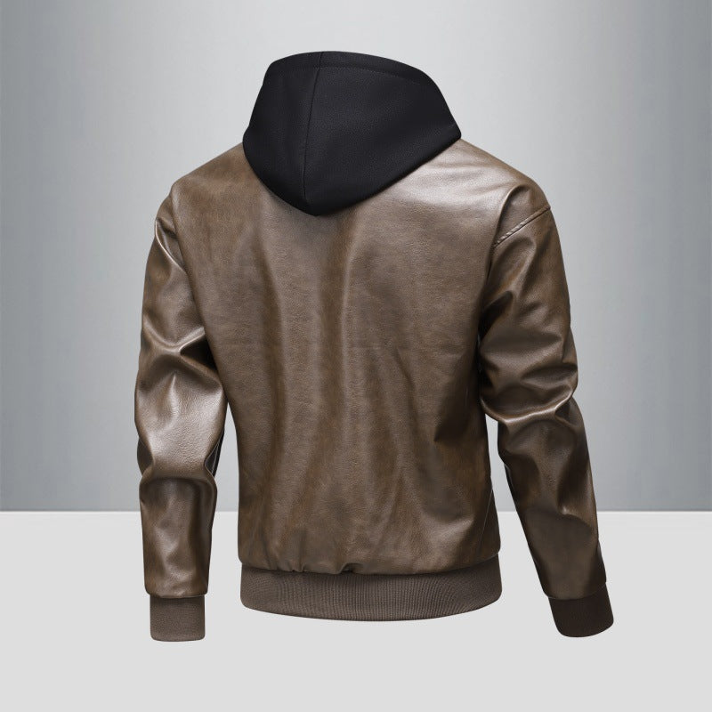 Men's leather bomber jacket with integrated hood insert and ribbed cuffs Mune Fashion
