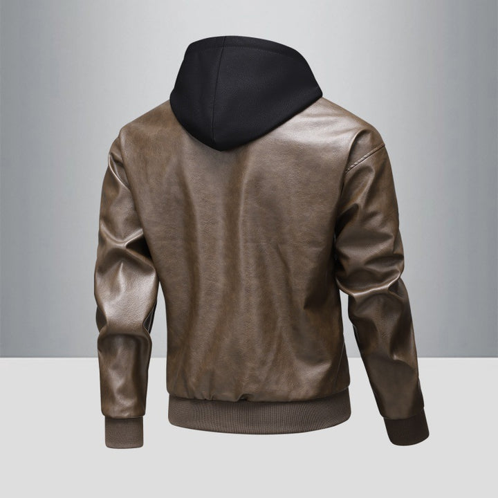 Men's leather bomber jacket with integrated hood insert and ribbed cuffs Mune Fashion