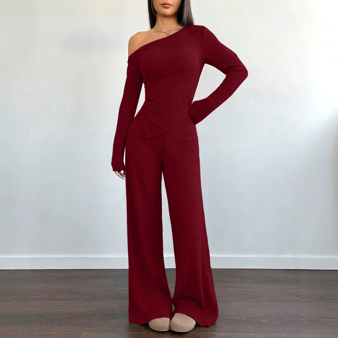 Women's Asymmetrical Knit Lounge Set with One-Shoulder Top and Wide Leg Mune Fashion