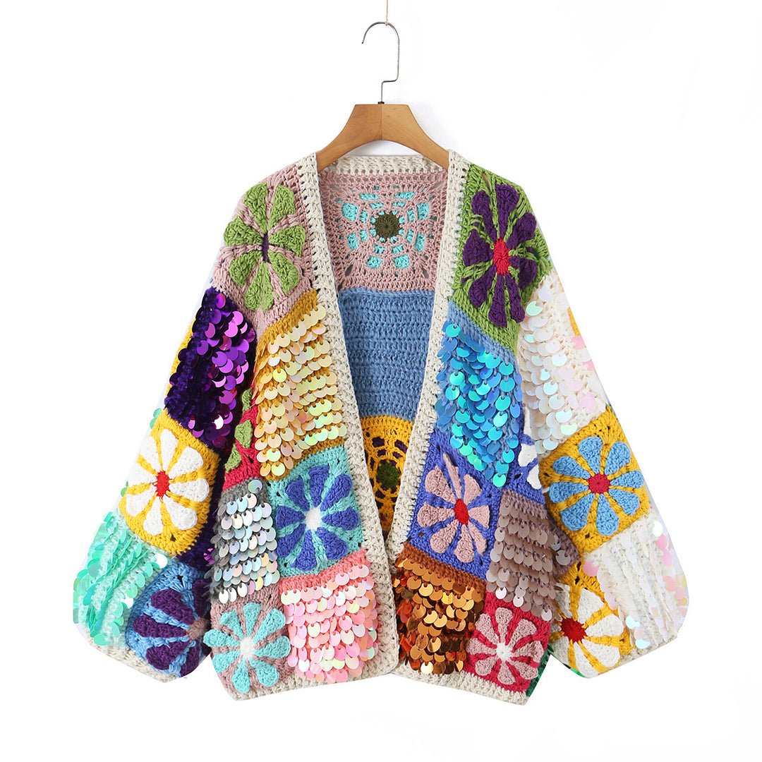 Women's playful crochet patchwork cardigan with sequins and flower appliqués Mune Fashion
