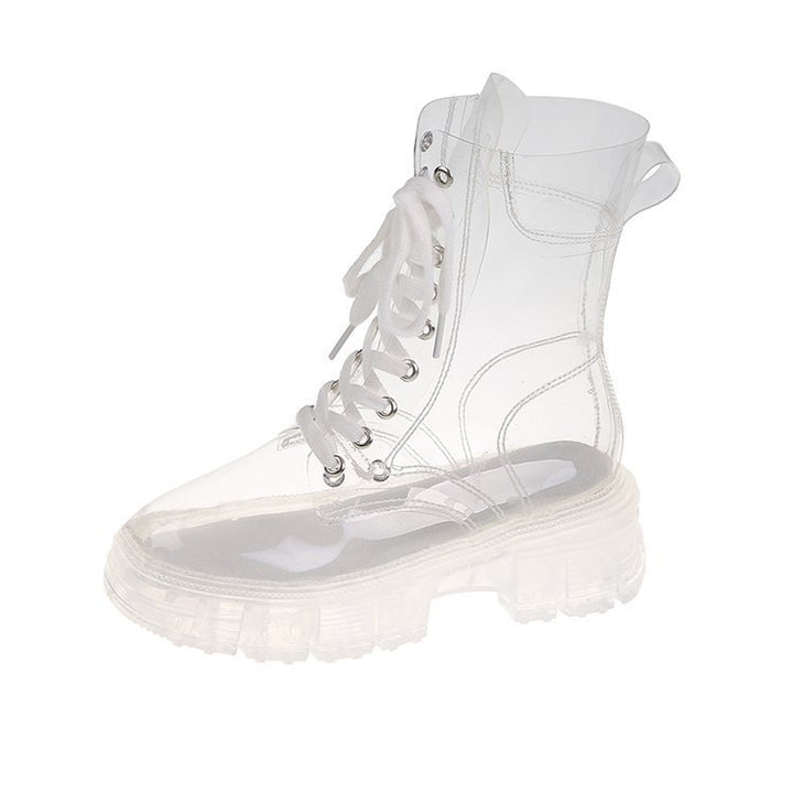 Women's transparent platform ankle boots with sock-like knitted shaft and tread sole Mune Fashion