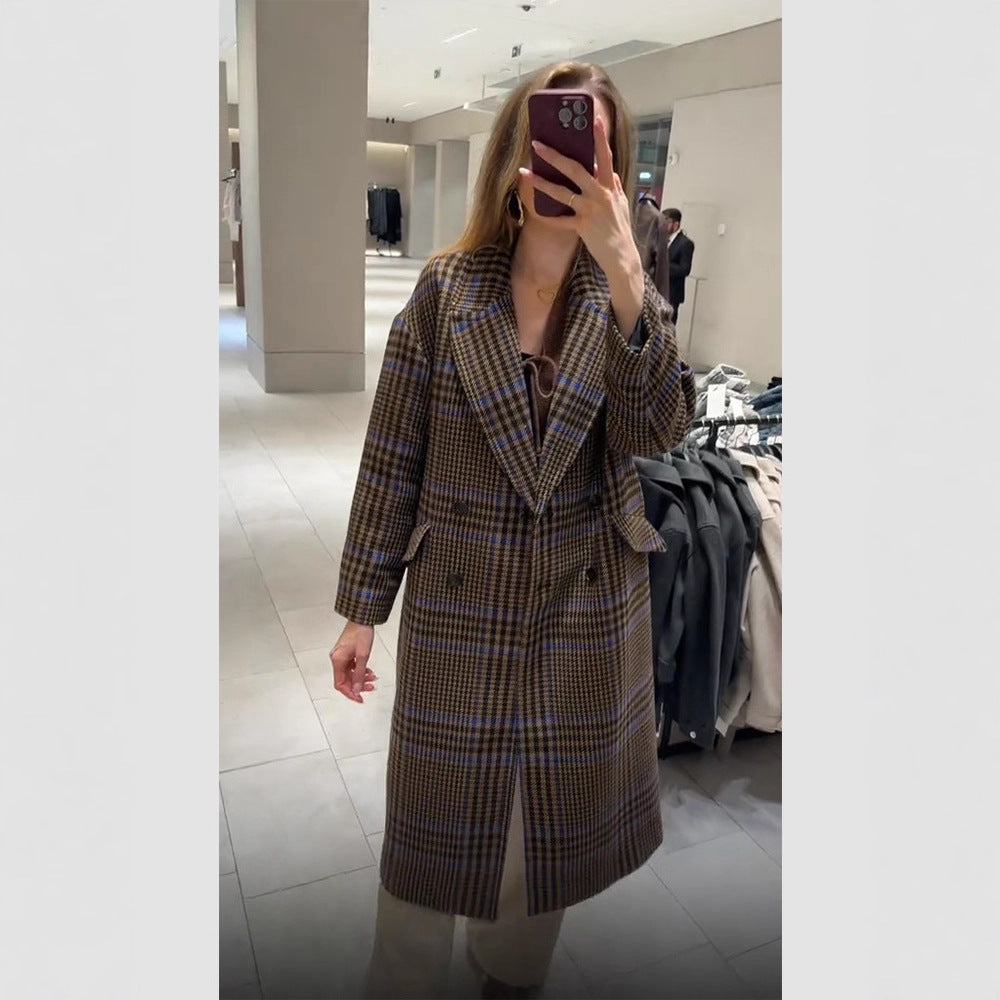 Women Maxilength Oversized Double-Breasted Coat with Emphasized Shoulder and Flap Pockets Mune Fashion