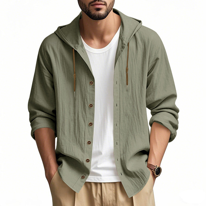 Men's lightweight hooded shirt jacket in linen look with full button placket Mune Fashion