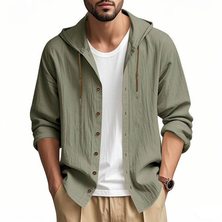Men's lightweight hooded shirt jacket in linen look with full button placket Mune Fashion