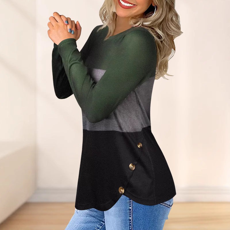 Women's Long Sleeve Colorblock Shirt with Rounded Hem and Side Button Detail Mune Fashion
