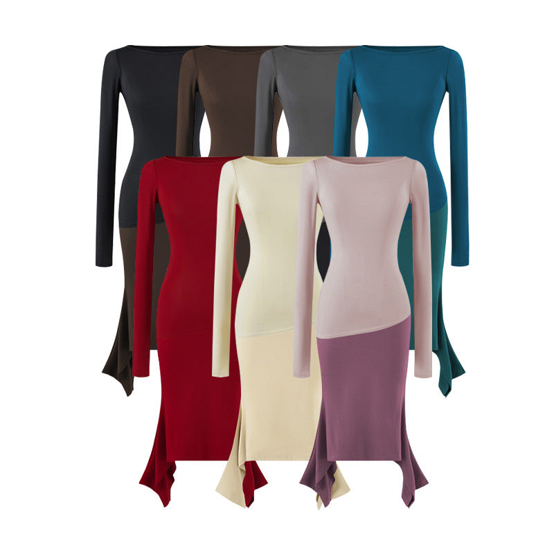 Women Figure-Hugging Midi Dress with Asymmetrical Hem and Panel Design Mune Fashion