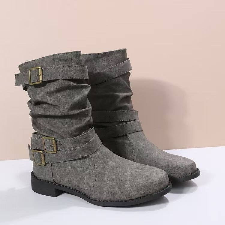 Women's casual mid-calf boots with soft slouch effect, decorative buckle straps and sturdy block heel Mune Fashion