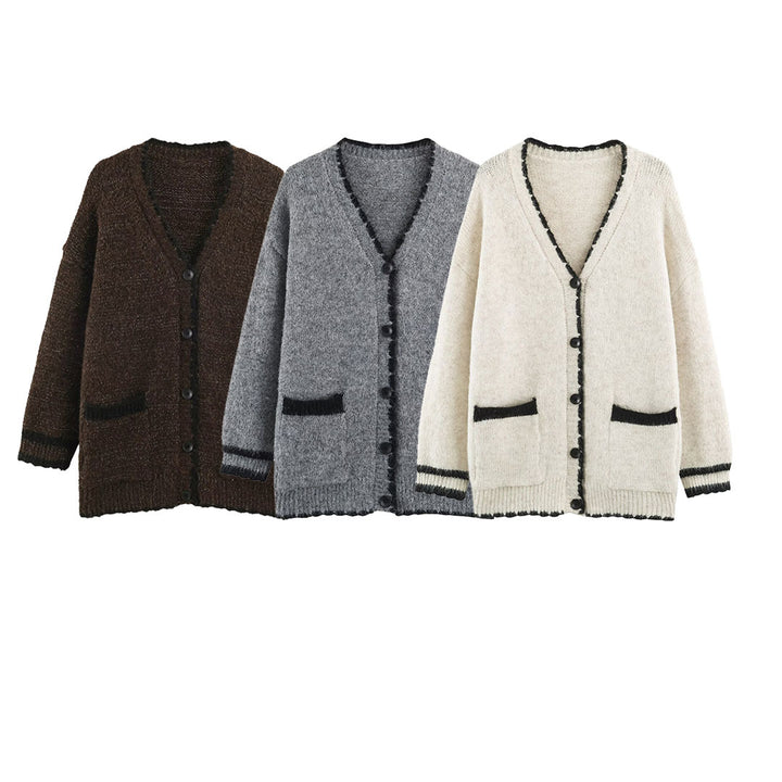 Women's Oversize Knit Cardigan with V-Neck, Button Placket and Contrasting Decorative Edges Mune Fashion