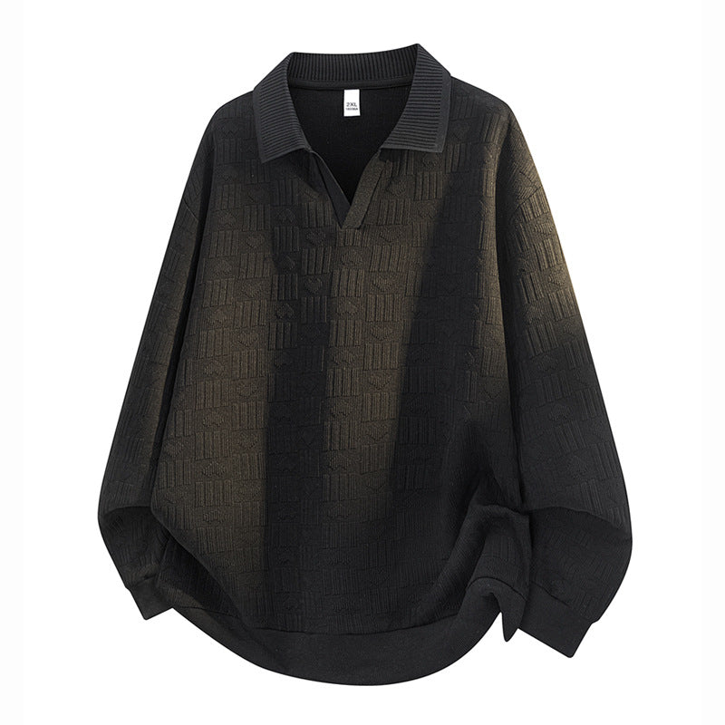 Men's Oversize Knit Polo with Textured Knit, Open V-Neck and Ribbed Collar Mune Fashion