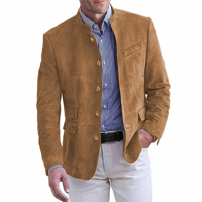Men's Short Suede Jacket with Stand-up Collar and Flap Pockets Mune Fashion