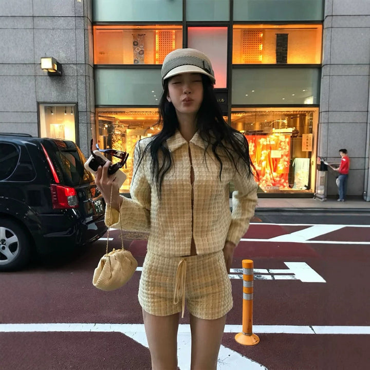 Women Two-Piece Boucle Set with Short Jacket and Drawstring Shorts Mune Fashion