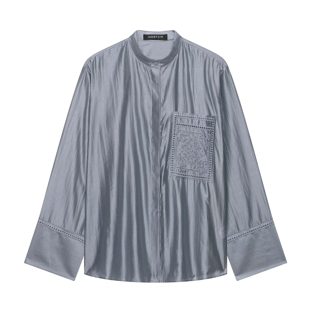 Women's Oversize Silk Look Blouse with Stand Collar and Embroidered Chest Pocket Mune Fashion