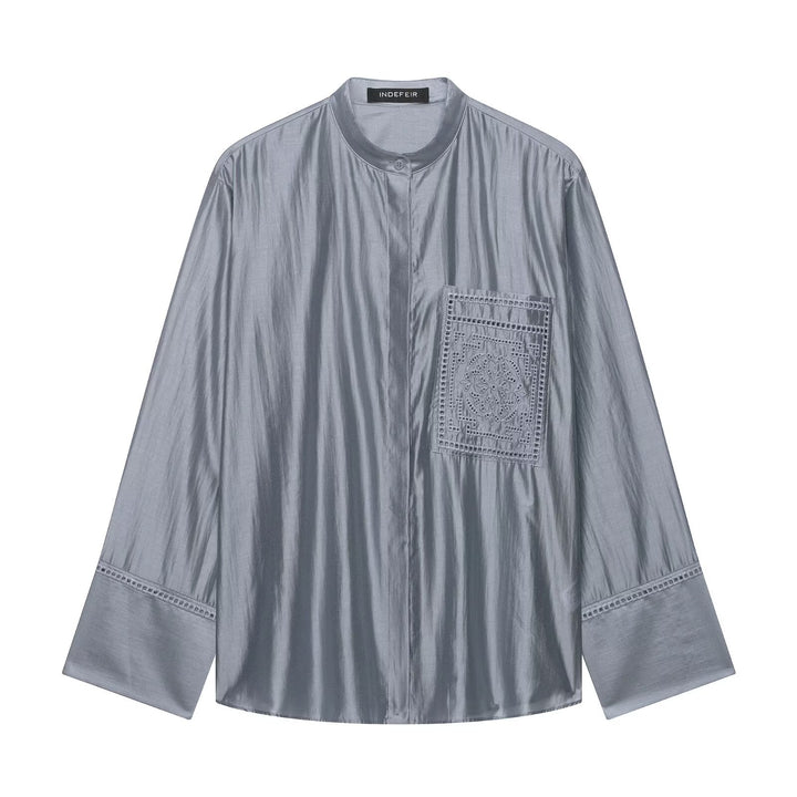 Women's Oversize Silk Look Blouse with Stand Collar and Embroidered Chest Pocket Mune Fashion