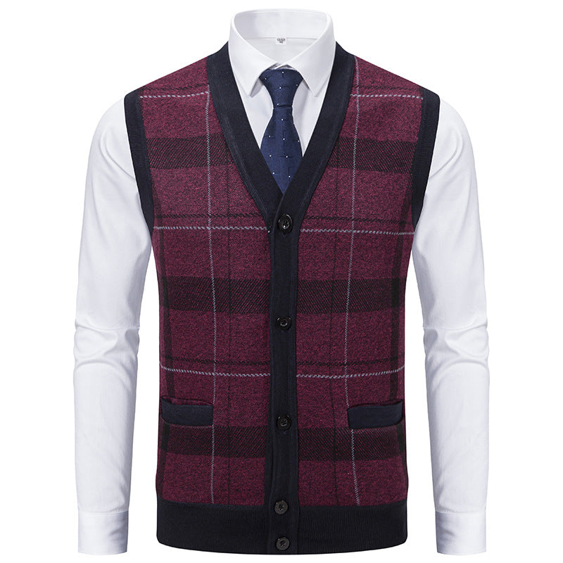 Men's Sleeveless Knit Vest with Diamond Pattern, V-Neck and Button Placket Mune Fashion