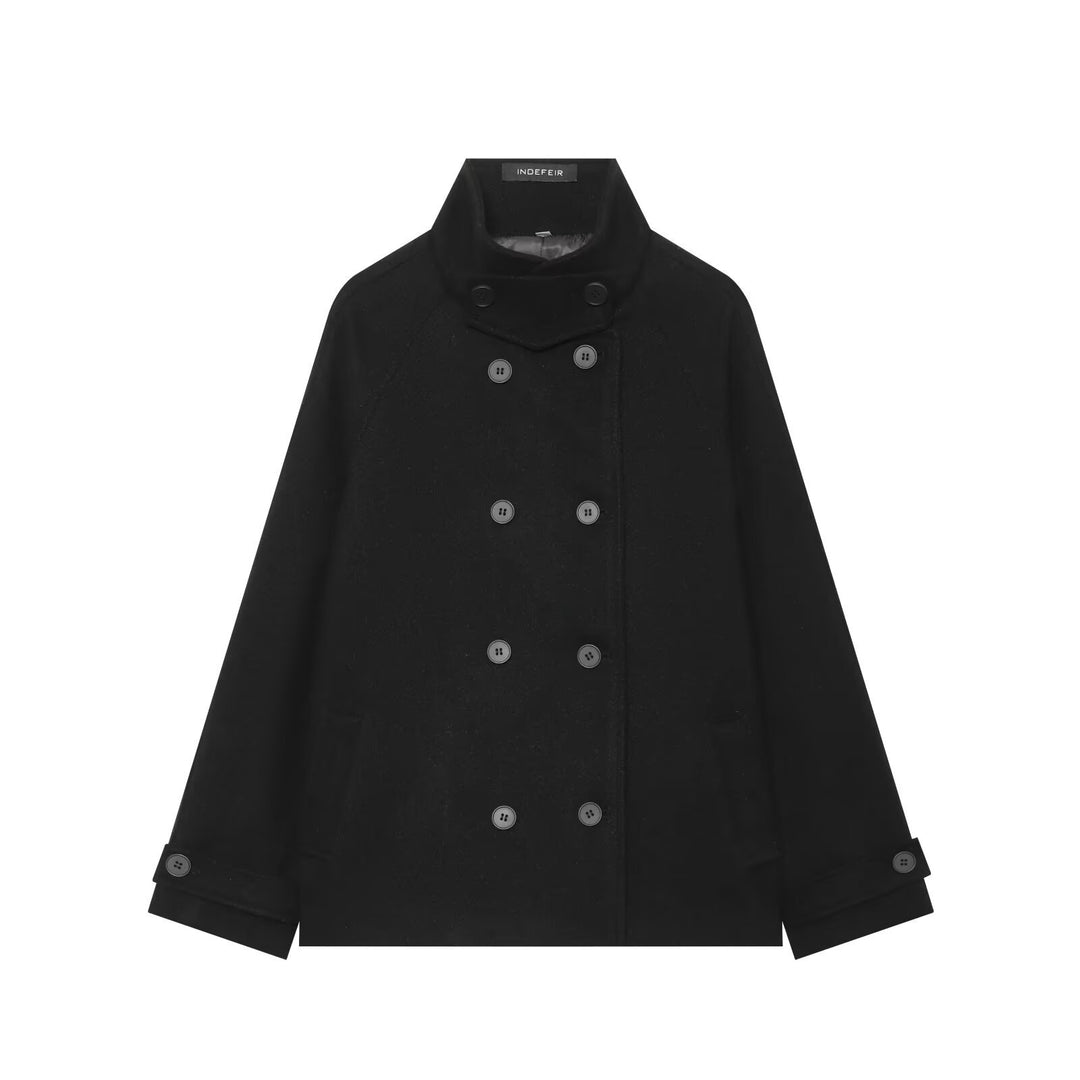 Women's Short Double-Breasted Cape Coat with Stand Collar and Drop Shoulders Drune