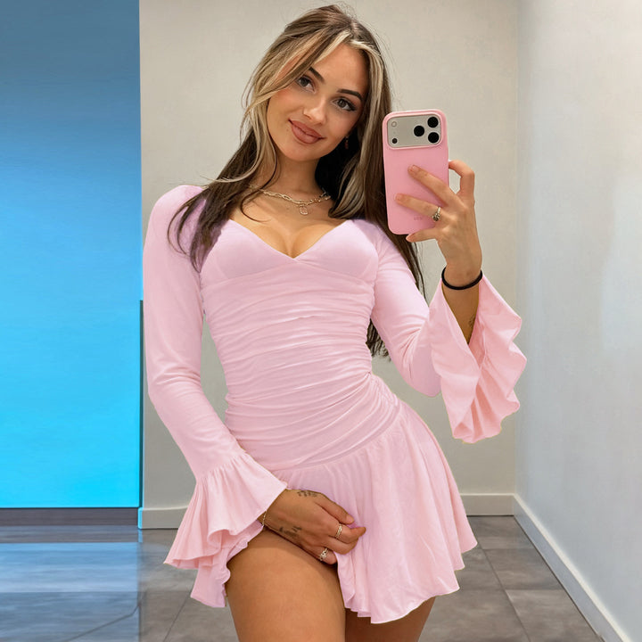 Women’s fitted V-neck skater dress with ruched waist and flutter sleeves Mune Fashion