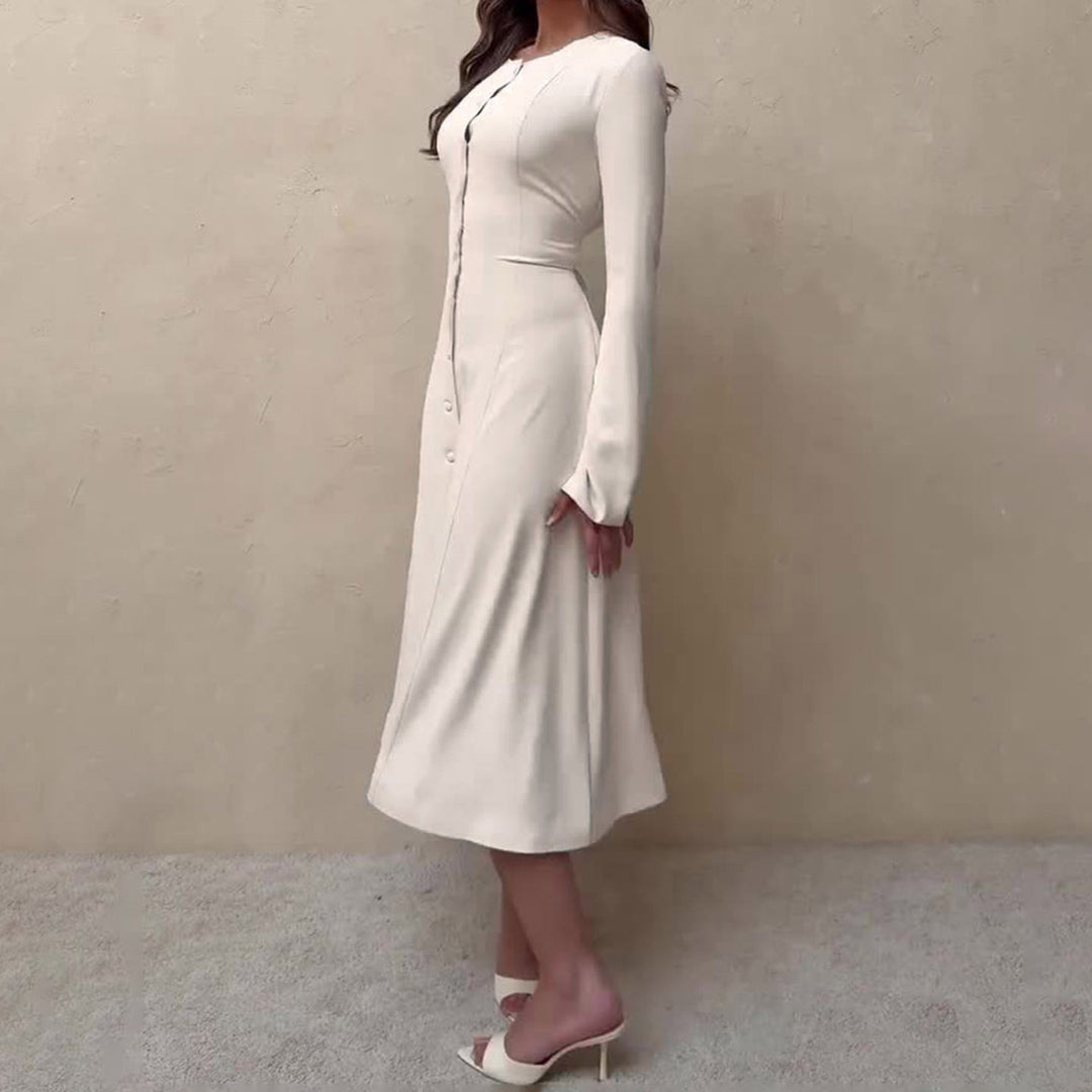 Women's Long Sleeve Midi Dress in A-Line Cut with Continuous Button Placket Mune Fashion