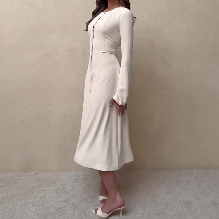 Women's Long Sleeve Midi Dress in A-Line Cut with Continuous Button Placket Mune Fashion