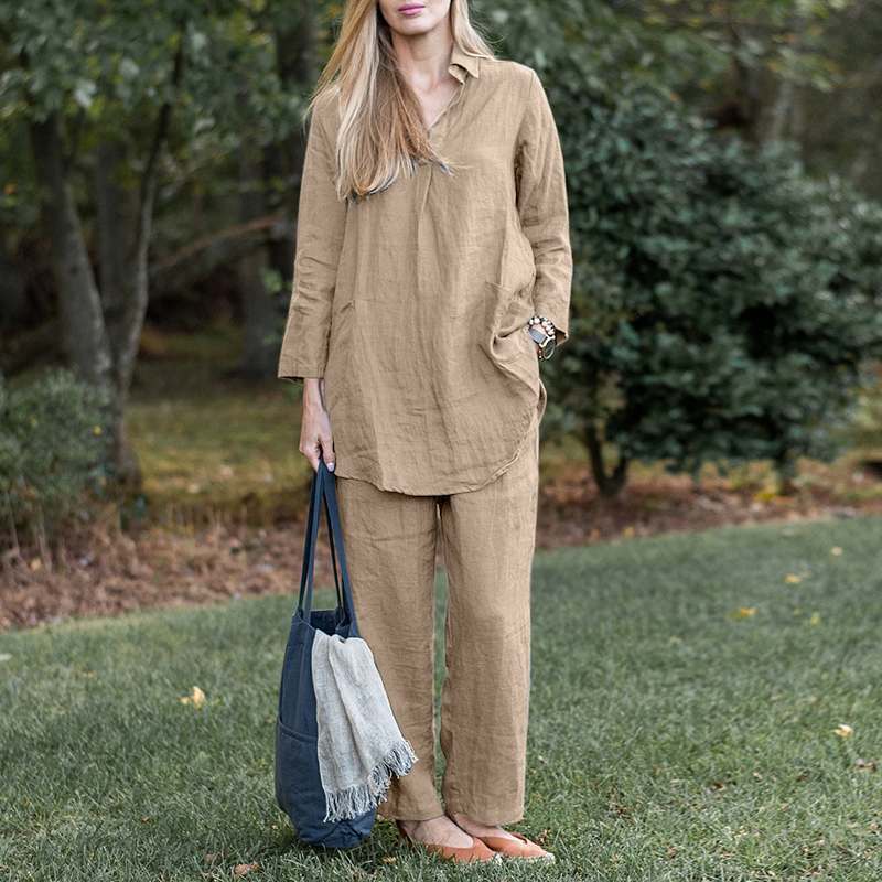 Women's Linen Loungewear Set with Loose Tunic Shirt and Relaxed Palazzo Pants Mune Fashion