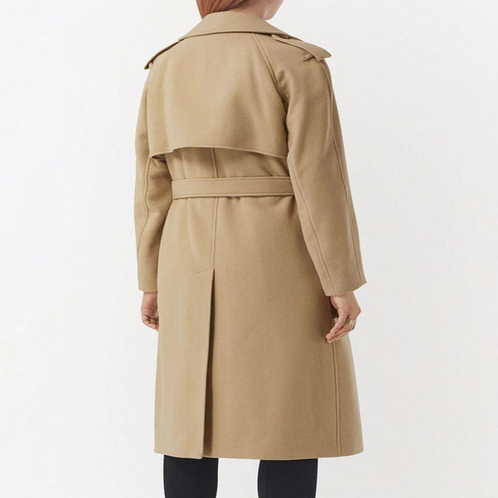 Women Mid-length Wool Blend Long Coat with Double Shoulder Yoke, Flap Pockets and Subtle Waistline Mune Fashion