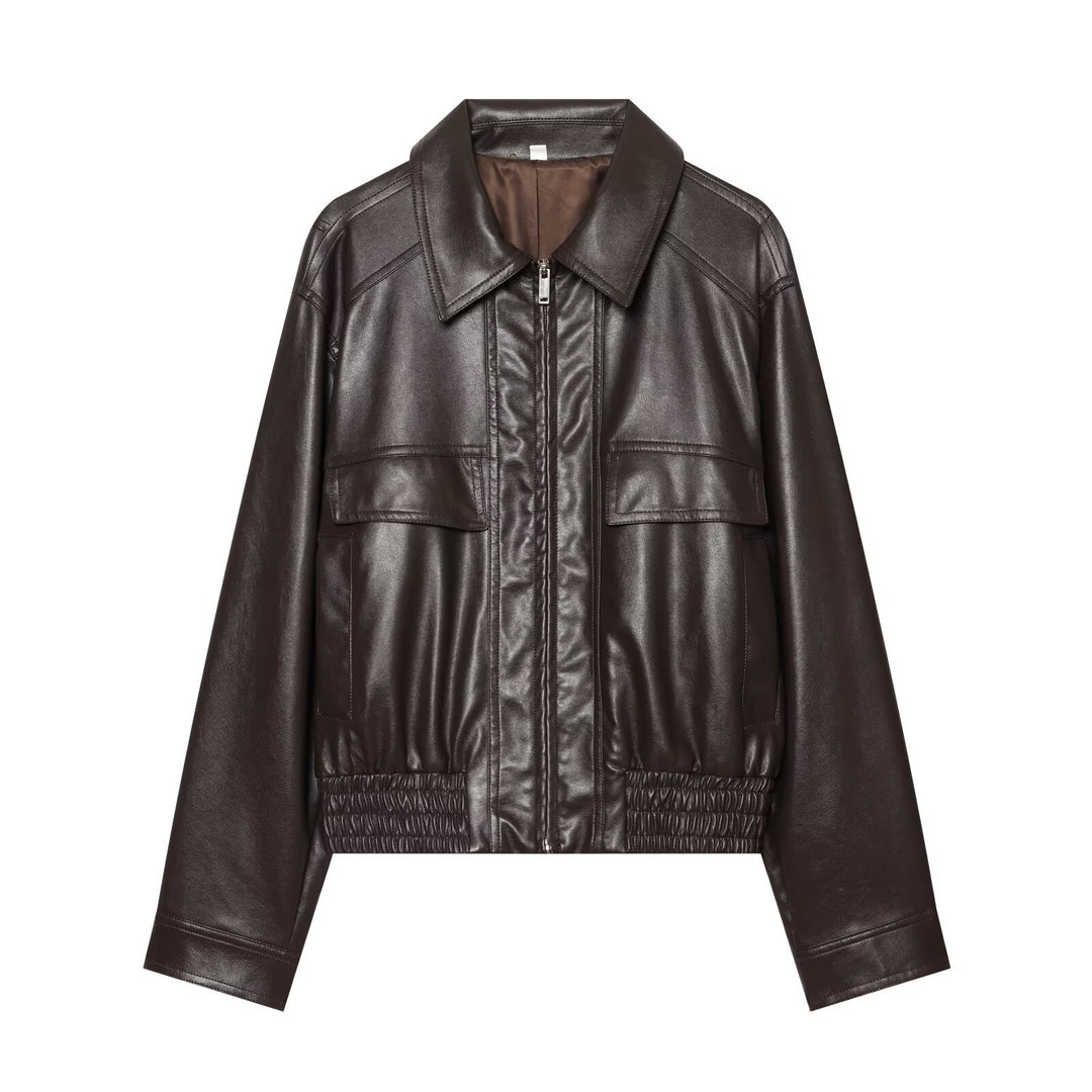 Women's Cropped Bomber Jacket made of Faux Leather with Shirt Collar and Gathered Hem