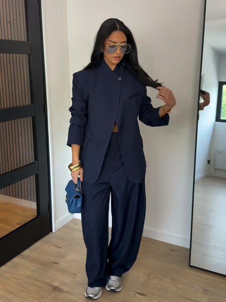 Women Two-Piece Oversized Blazer with Stand Collar and Wide Pleated Trousers Mune Fashion