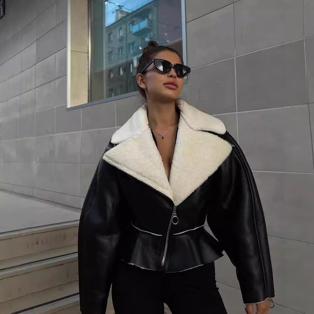 Women's Short Lambskin Imitation Biker Jacket with Oversized Collar and Asymmetrical Zipper Mune Fashion