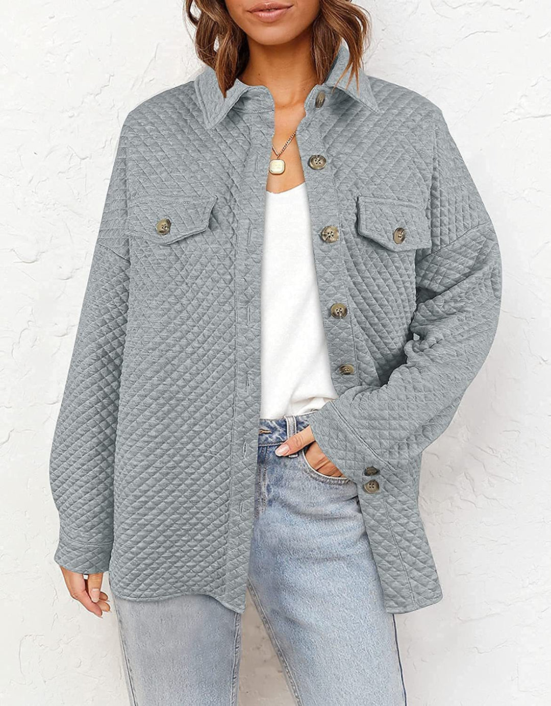 Women's quilted shirt jacket with boxy oversized fit and patch chest pockets Mune Fashion