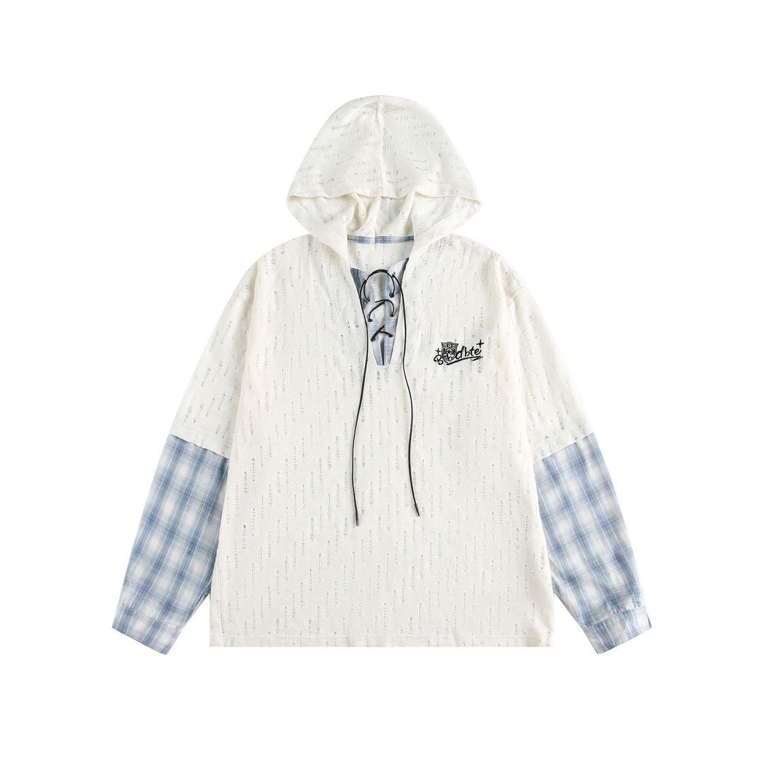 Unisex Casual Hoodie in Layering Look with Lace-Up V-Neck Mune Fashion