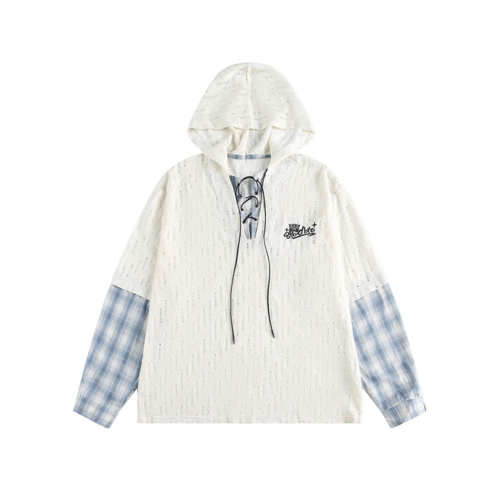 Unisex Casual Hoodie in Layering Look with Lace-Up V-Neck Mune Fashion